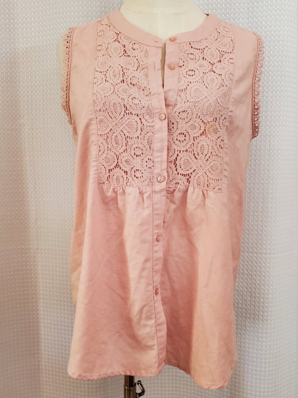 Liz Claiborne Pink Linen Cotton Blouse Womens Medium Lace Trim Sleeveless Shirt